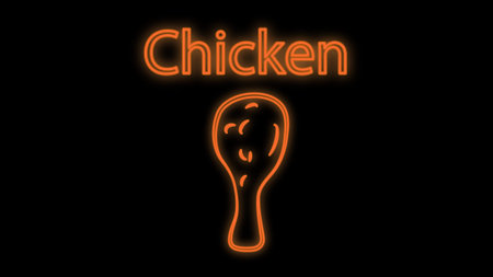 Fried chicken leg neon light icon. Glowing sign with alphabet, numbers and symbols. Grilled hen meat vector isolated illustration. Unhealthy nutrition, fat food, barbecue. Tasty lunch, harmful eating.のイラスト素材