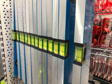Tool level in men's hands and a flat horizontal surface of the ceiling.  ceiling mounting. A man...
