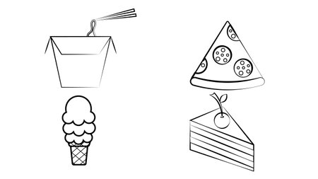 Fast food thin line icons set. Black outline symbol collection junk food and take away. Editable vector stroke.のイラスト素材