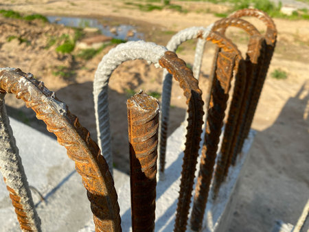 Iron metal rusty reinforcement in concrete and industrial reinforced concrete slabs used in the...