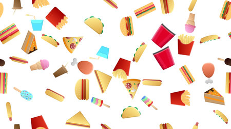 Endless white seamless pattern of delicious food and snack items icons set for restaurant bar cafe: fries, hotdog, sandwich, cake, ice cream, popcorn, burger. The background.のイラスト素材