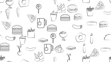 Black and white endless seamless pattern of food and snack items icons set for restaurant bar cafe: burger, nuts, egg, sausage, ice cream, pizza, burrito, candy, tea. The background.のイラスト素材