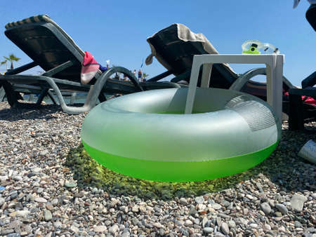 Row of empty sun loungers on the beach in Kemer Antalya.の写真素材