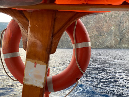 Red Life buoy in front of the blue sea and the white ship.