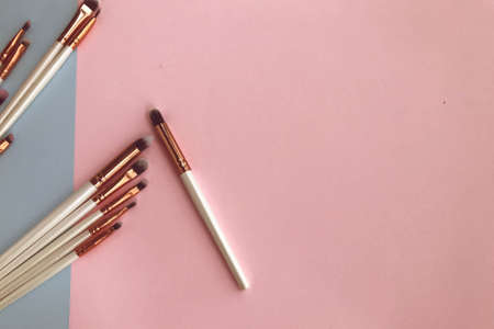 makeup brushes on a pink and blue background. a set of brushes for applying textures to the face. brushes for applying eyeliner, lipstick, gloss, shadows, tonal means, powder. perfect face.の写真素材