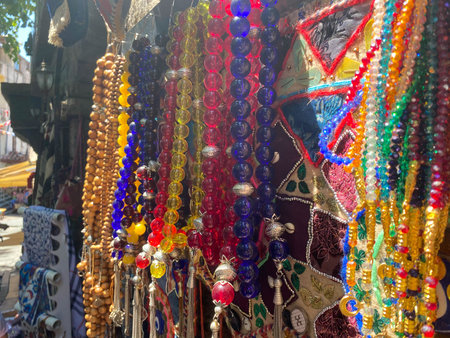 handcrafted necklace. String of beads in various colors. Colorful beads necklaces.の写真素材