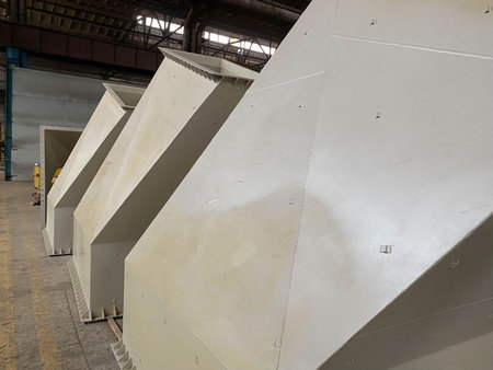 Metalworking factory interior with machinery equipment tools, industrial manufacturing of steel air...