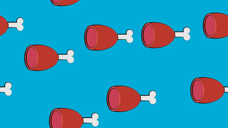 an appetizing piece of pink meat on a blue background on a bone with a volumetric contour. vector illustration, pattern. wallpaper for cafes and restaurants.のイラスト素材
