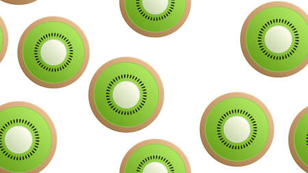 slice of kiwi on a white background. vector illustration, pattern. fruit in a cut with seeds. round piece of kiwi green color, wallpaper for cafes, restaurants, fruit pattern.のイラスト素材