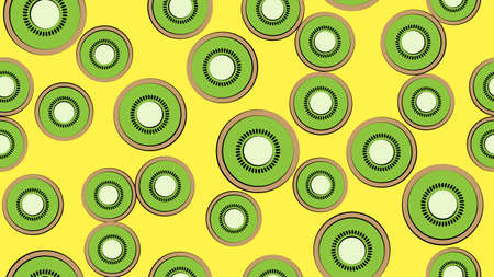 slice of kiwi on a yellow background. vector illustration, pattern. fruit in a cut with seeds. round piece of kiwi green color, wallpaper for cafes, restaurants, fruit pattern.のイラスト素材