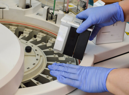 a doctor in gloves performs a cassette with a reagent for performing studies in the analyzer....