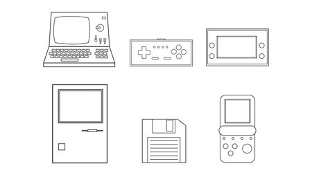 Set of black and white old retro vintage hipster technology electronics computer, pc, floppy floppy disk, game portable video game consoles from 70s, 80s, 90s. vector illustration.のイラスト素材