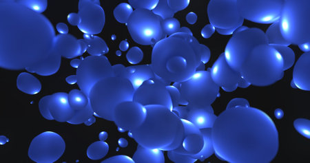 Abstract background with bright blue flying liquid bubbles glowing energy magic circles and balls drops in high resolution 4k animation motion design.の写真素材