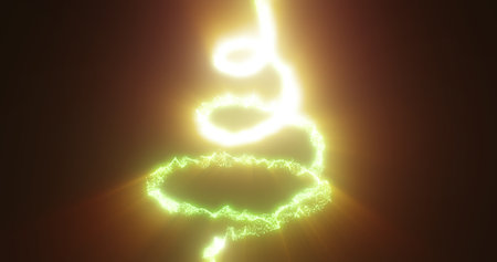 Green shining Christmas shiny New Year tree for the holiday made of magical energy lines and particles on a black background. abstract background.の写真素材