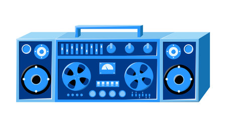 Old isometry retro blue vintage music cassette tape recorder with magnetic tape on reels and speakers from the 70s, 80s, 90s. beautiful icon. vector illustration.のイラスト素材