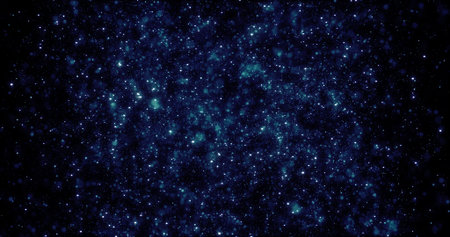 Abstract background of blue glowing shiny digital flying dots of particles that look like stars in a...