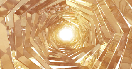 A rotating golden metal tunnel with walls of ribs and lines in the shape of a hexagon with reflections of luminous sunbeams. abstract background.の写真素材