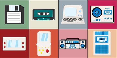 Set of icons old retro vintage hipster tech electronics: cassette audio tape recorder, computer,...