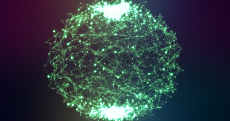 Abstract beautiful glowing green shiny bright ball of polygonal triangles with lines triangulation...