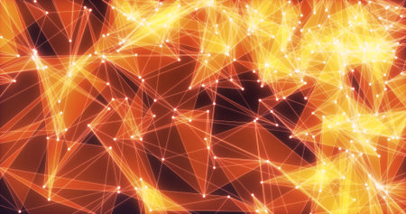 Abstract background of shiny yellow orange glass triangles with lines and dots hi-tech digital...