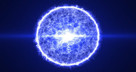A beautiful round bright sphere of a luminous blue star burning with plasma magical energy on a black space background. abstract background. Screensaver.の写真素材