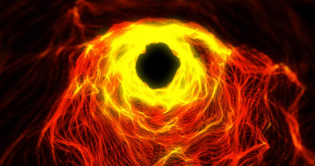 Abstract background with orange fiery tunnel with waves and lines from triangles and points of...