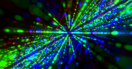 Bright glowing multi-colored beautiful laser lines from dots and particles with blur rainbow effect...
