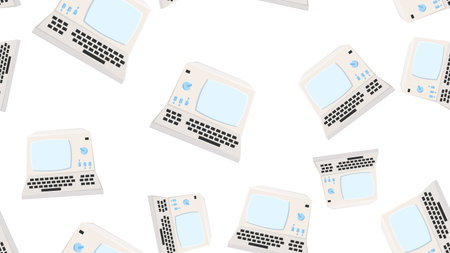 Seamless pattern endless computer with old retro computers, vintage white hipster pc from 70s, 80s, 90s isolated on white background. vector illustration.のイラスト素材