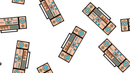 Seamless pattern endless with music audio cassette old retro tape recorders vintage hipster from 70s, 80s, 90s isolated on white background. vector illustration.のイラスト素材