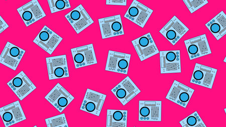 Seamless pattern endless with music audio dj consoles with vinyl old retro vintage hipster from 70s, 80s, 90s isolated on pink background. vector illustration.のイラスト素材