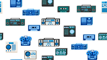 Seamless pattern endless with music audio tech electronics equipment old retro vintage hipster from 70s, 80s, 90s isolated on white background. vector illustration.のイラスト素材