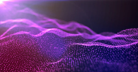 Futuristic abstract purple glowing wave lines from dots and particles of shining pixels magical...