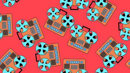 Seamless pattern endless with music audio cassette old retro tape recorders vintage hipster from 70s, 80s, 90s isolated on red background. vector illustration.のイラスト素材