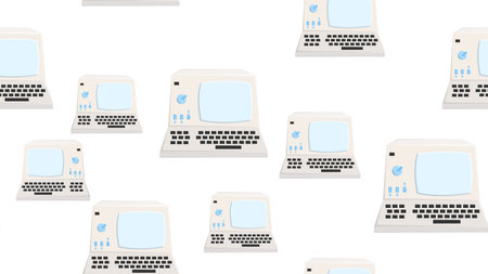 Seamless pattern endless computer with old retro computers, vintage white hipster pc from 70s, 80s, 90s isolated on white background. vector illustration.のイラスト素材