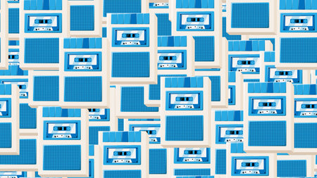 Seamless pattern endless with music audio cassette old retro voice recorder vintage hipster from 70s, 80s, 90s isolated on white background. vector illustration.のイラスト素材