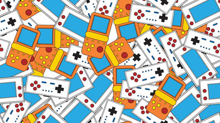 Seamless pattern endless with portable game consoles and joysticks, electronic toys old retro vintage hipster from 70s, 80s, 90s isolated on white background. vector illustration.のイラスト素材