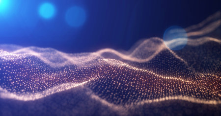 Abstract waves from particles and lines of yellow gold futuristic beautiful flying glowing magical energy with sun rays and blur effect. abstract background.の写真素材
