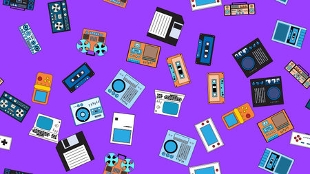 Seamless pattern endless with tech electronics equipment old retro vintage hipster from 70s, 80s, 90s isolated on purple background. vector illustration.のイラスト素材