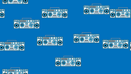 Seamless pattern endless with music audio cassette old retro tape recorders vintage hipster from 70s, 80s, 90s isolated on blue background. vector illustration.のイラスト素材