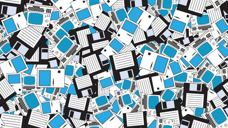 Seamless pattern endless computer with old retro computers, pc and vintage white hipster floppy disks from 70s, 80s, 90s isolated on white background. vector illustration.のイラスト素材
