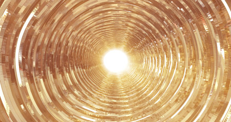 A rotating golden metallic shiny tunnel with walls of ribs and lines in the form of a circle with reflections of luminous rays. abstract background.の写真素材