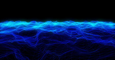 Abstract background with bright beautiful blue glowing energy magic waves and lines from triangles.の写真素材