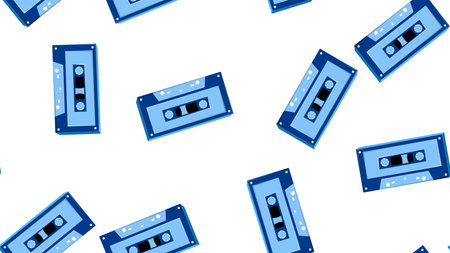 Seamless pattern endless with music audio cassettes old retro vintage hipster from 70s, 80s, 90s isolated on white background. vector illustration.のイラスト素材