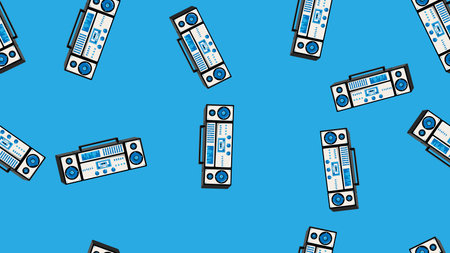 Seamless pattern endless with music audio cassette old retro tape recorders vintage hipster from 70s, 80s, 90s isolated on blue background. vector illustration.のイラスト素材