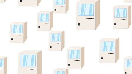 Seamless pattern endless computer with old retro computers, vintage white hipster pc from 70s, 80s, 90s isolated on white background. vector illustration.のイラスト素材