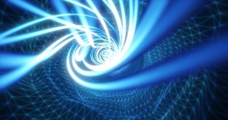 Abstract blue futuristic tunnel from a grid of particles lines glowing bright shiny neon digital magical energy on a dark background. abstract background.の写真素材