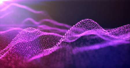 Futuristic abstract purple glowing wave lines from dots and particles of shining pixels magical...