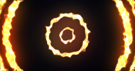 Abstract background looped circles tunnel of flying yellow orange fiery rings of energy plasma with glow effect shiny bright beautiful futuristic natural.の写真素材