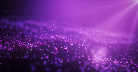 Abstract purple glowing energy waves from particles and magic dots with blur effect on dark...