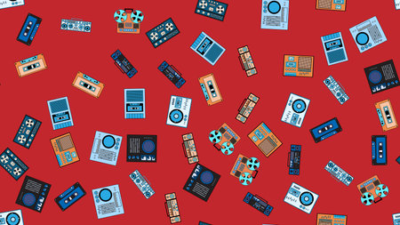 Seamless pattern endless with music audio tech electronics equipment old retro vintage hipster from 70s, 80s, 90s isolated on red background. vector illustration.のイラスト素材